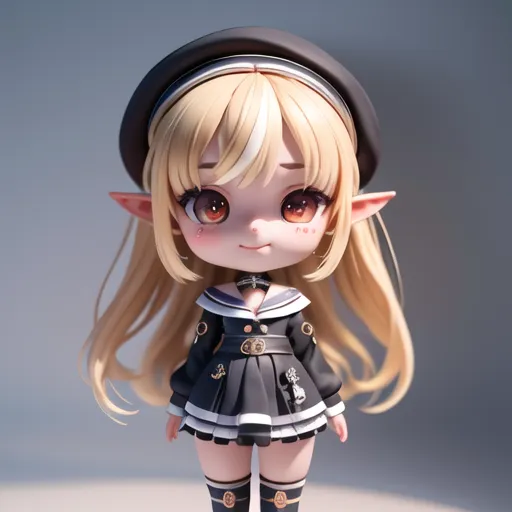 The image shows a 3D model of an anime-style elf girl. She has long, wavy blonde hair, brown eyes, and pointy ears. She is wearing a black and white sailor-style outfit with a beret. She is also wearing black boots and a necklace with an anchor on it. The girl is standing on a white surface and is looking at the viewer with a slight smile on her face. The background is a light blue color.