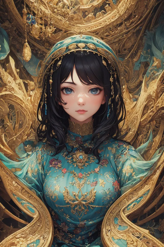 La imagen es un retrato de una mujer joven con el cabello negro largo y ojos azules. Lleva un vestido azul y dorado con un cuello alto y un tocado dorado. El fondo es un patrón dorado. La expresión de la mujer es seria y reflexiva.