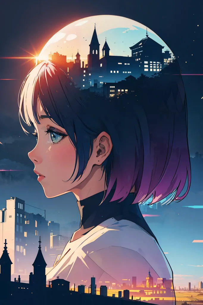 The image is a portrait of a young woman with short purple and blue hair. She is looking to the left of the frame. The background is a cityscape with a large moon in the sky. The moon is positioned in the upper right corner of the image and is surrounded by a dark blue sky. The city is dark and only the lights from the buildings are visible. The woman's hair is blowing in the wind and her eyes are closed. She is wearing a white shirt and a black choker. The image is drawn in a realistic style and the colors are vibrant.