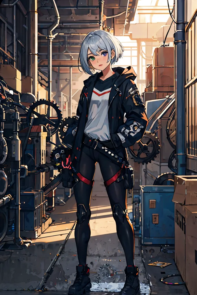 The image is of a young woman standing in an industrial setting. She is wearing a black and white outfit with green and red accents. She has short white hair and green eyes. There are a lot of machines and pipes in the background. The image is in a realistic style and the colors are vibrant.