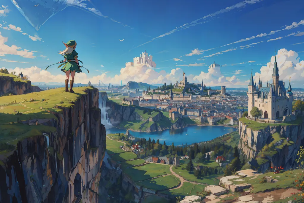 The image is of a girl standing on a cliff overlooking a large city. The girl is wearing a green tunic and a brown hat. She has a sword and a shield. The city is built on a river and is surrounded by mountains. The sky is blue and there are some clouds.
