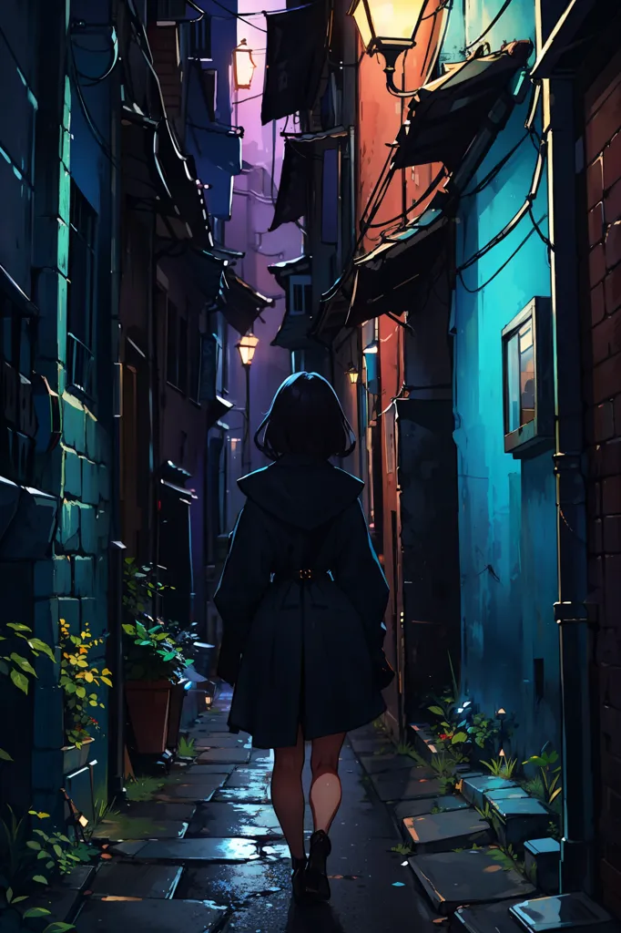 The image is a digital painting of a narrow alleyway in an urban setting. The time of day is night, and the only light comes from a few street lamps and the windows of the buildings. The alleyway is lined with tall buildings, most of which are made of brick. The street is wet from rain. There is a person walking away from the viewer. The person is wearing a long black coat and a hat. Their head is down, and they seem to be lost in thought.