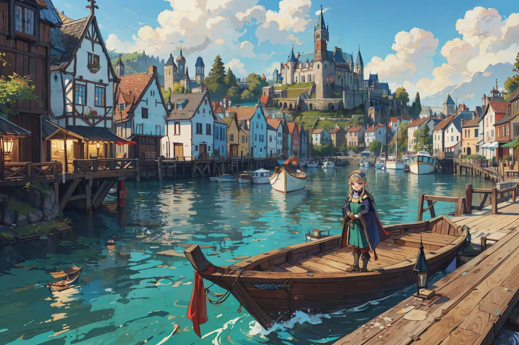 A imagem é uma pintura de um porto em uma cidade medieval. A cidade é construída à beira de um rio e há muitas casas, lojas e armazéns ao longo da orla. Também há vários barcos atracados no porto. A cidade é cercada por uma muralha e há um castelo em uma colina que domina a cidade. A pintura é feita em um estilo realista e as cores são vibrantes e realistas. A imagem captura a beleza e a tranquilidade de uma pequena cidade.