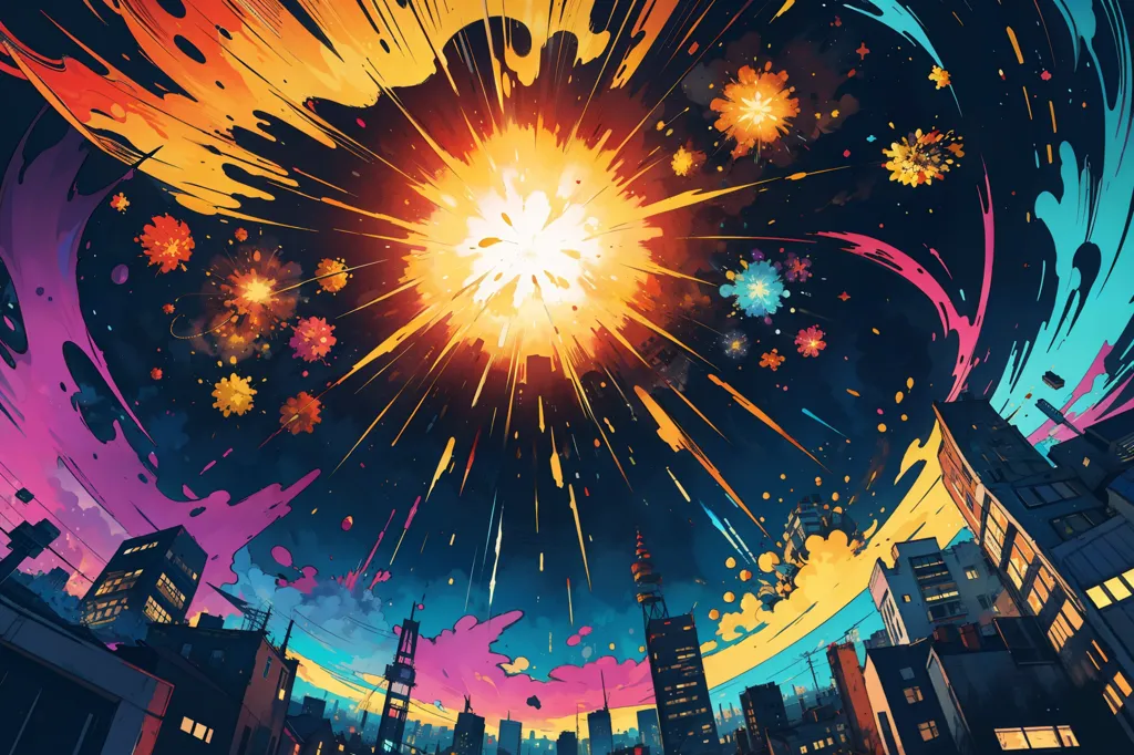 The image is a colorful depiction of a city at night. The sky is filled with bright and colorful fireworks. The buildings are dark in contrast to the bright sky. The image is very dynamic and has a sense of excitement and celebration.