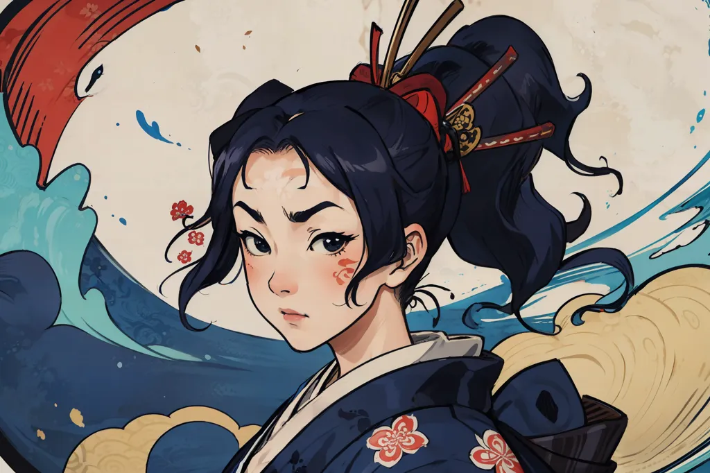 Esta es una ilustración de una mujer joven con cabello negro largo y ojos marrones. Está usando un kimono japonés tradicional con un patrón floral y un obi rojo. Su cabello está recogido en una cola de caballo con una cinta roja. Tiene una expresión seria en su rostro. El fondo es de color azul claro con un patrón de olas.