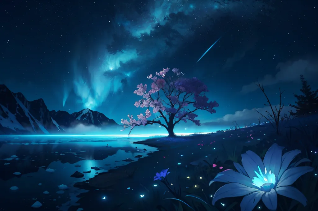 The image is a beautiful landscape of a lake and mountains at night. The sky is dark and starry, with a few clouds and a shooting star. The lake is calm and still, reflecting the light of the sky. The mountains are covered in snow. There is a large tree in the foreground of the image, with pink flowers. The ground is covered in grass and flowers. There is a large white flower in the bottom right corner of the image. The image is very peaceful and serene.