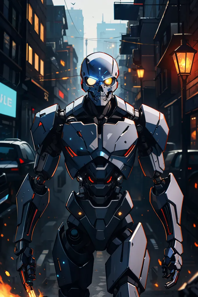 The image is a digital painting of a robot standing in a city street. The robot is in the foreground and is looking at the viewer. It is made of metal and has a skull-like head with glowing yellow eyes. The robot is wearing a black and gray suit of armor. The city street is in the background and is blurry. There are buildings, cars, and streetlights in the background. The image is dark and has a blue tint.