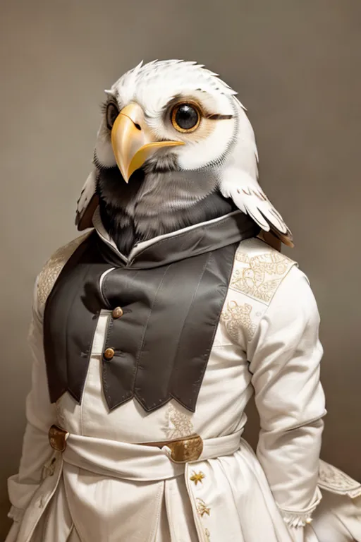 The image is a portrait of a person in an owl costume. The person is wearing a white jacket with gold buttons and a white vest with gold trim. The costume also includes a large owl headpiece with a white body, black wings, and a yellow beak. The person is looking at the camera with a serious expression.