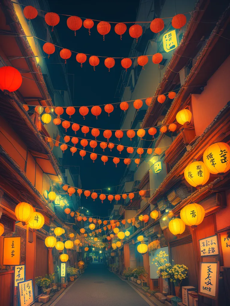 The image is a street scene in Japan. It is night time and the street is lit by a variety of lanterns. The lanterns are red and yellow and they are hung from strings that are suspended across the street. The street is lined with traditional Japanese buildings and there are a few people walking on the street. The image is very atmospheric and it captures the beauty of Japan's traditional architecture.