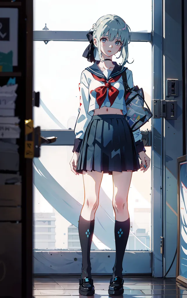 This is an image of a young girl, probably in her late teens, standing in front of a door. She is wearing a white blouse, a blue pleated skirt, a red bow tie, and black knee socks. She also has a black bag over her shoulder. Her hair is white and short. She is looking at the viewer with a slightly puzzled expression on her face. The background of the image is a blur of light blue and white.