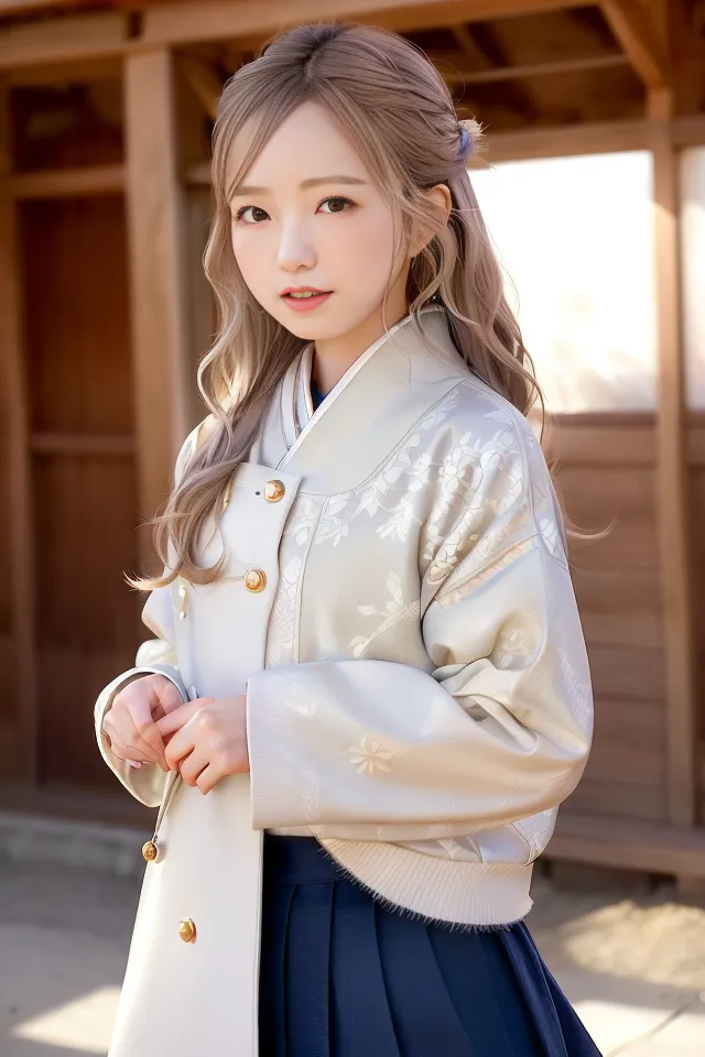 The image shows a young woman wearing a kimono-style jacket with a floral pattern and a white pleated skirt. The jacket has gold buttons. The woman has long blond hair and brown eyes. She is standing in a traditional Japanese house.