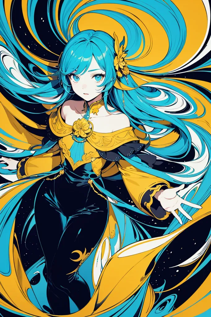 La imagen es una ilustración de una mujer joven con el cabello azul largo y ondulado. Lleva un atuendo amarillo y negro con una flor blanca en el cabello. Está de pie en una pose dinámica, con los brazos extendidos. El fondo es una masa de energía azul y amarilla que se arremolinan.