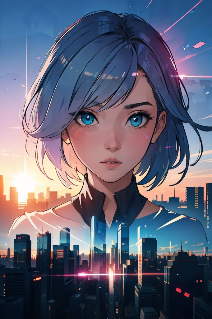 The image is a portrait of a young woman with short blue hair and blue eyes. She is wearing a white shirt and has a cityscape reflected in her eyes. The background is a blurred cityscape with the sun rising or setting. The image is in a realistic style and the woman's expression is serious.