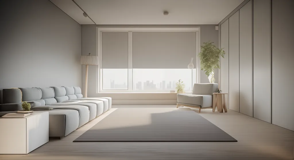 The image is a living room with a large window, a gray sofa, a gray rug, and a plant. The room is decorated in a minimalist style with white walls and light gray furniture. The window has white blinds and there is a gray curtain on the right side of the window. The sofa is placed in the center of the room and has three gray cushions on it. The rug is placed in front of the sofa and the plant is placed on the right side of the rug. There is a small table on the left side of the sofa with a book and a plant on it. The floor is made of wood.