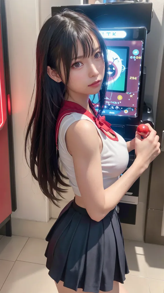 A imagem mostra uma jovem mulher em pé diante de uma máquina de pachinko. Ela está usando uma regata branca, uma saia plissada preta e um laço vermelho. Seu cabelo preto longo cai pelas costas e seus olhos são de uma cor castanha clara. Ela tem uma expressão séria no rosto e segura uma bola de pachinko na mão direita. A máquina de pachinko é um grande e colorido dispositivo com muitas luzes e botões. É uma forma popular de jogo de azar no Japão.