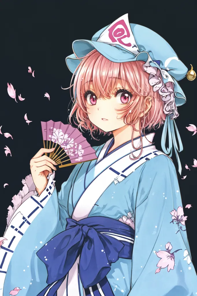 The image shows an anime girl with pink hair and red eyes. She is wearing a blue kimono with a white obi and a pink hat. She is holding a fan in her right hand. There are some cherry blossoms in the background.