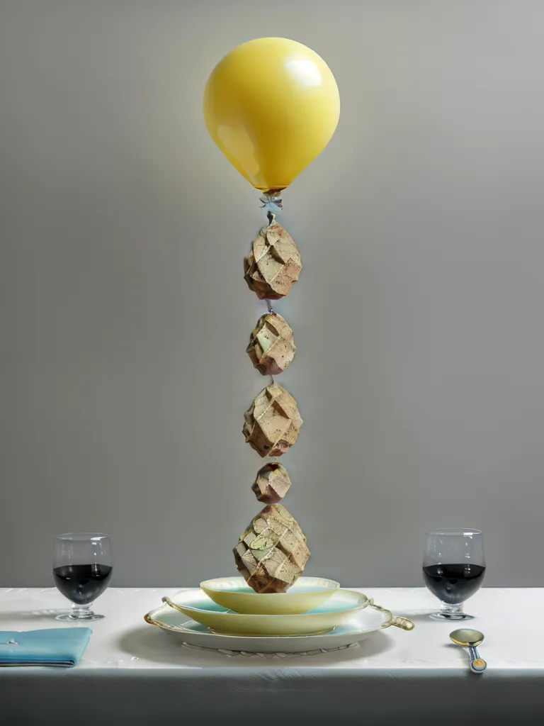 Il y a un ballon jaune au sommet d'une pile de 5 rochers. Les rochers sont inégaux et semblent avoir été cassés. Le ballon est maintenu par une tige métallique fixée au rocher du bas. Il y a une serviette bleue sur la table avec une fourchette et une cuillère en argent dessus. Il y a deux verres à vin sur la table avec du vin rouge foncé dedans. La table est recouverte d'une nappe blanche. L'arrière-plan est un mur gris clair.