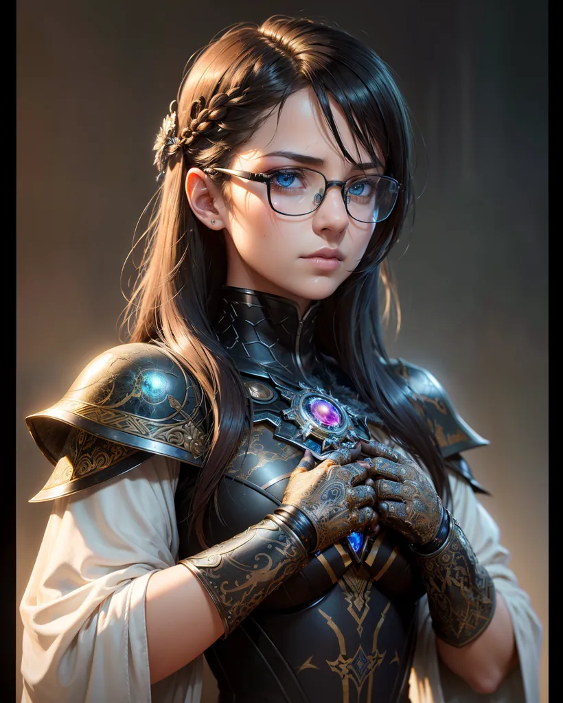 Ceci est une image d'une belle jeune femme aux longs cheveux bruns et aux yeux bleus. Elle porte des lunettes, une chemise blanche et une cuirasse noire et dorée. Elle a une expression sérieuse sur le visage et regarde le spectateur. Elle porte également un collier avec une pierre bleue au centre.