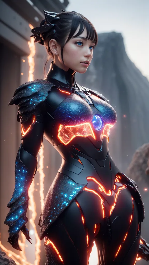 Esta es una imagen de una mujer con un traje de exoesqueleto de estilo body de color negro y azul, con líneas brillantes de color azul y naranja a lo largo de los bordes del traje. Tiene el cabello oscuro y ojos azules, y mira hacia la derecha del encuadre.