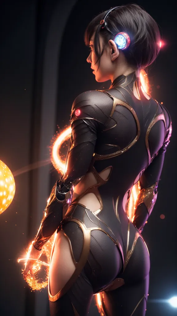 The image shows a woman standing with her back to the viewer. She is wearing a black and gold bodysuit that covers her body from the neck to the ankles. The suit has several glowing orange areas and a glowing orange circle on the left side of the image. She is also wearing a pair of headphones that are connected to a device on her back. The device has a glowing orange light on it. The woman's hair is short and dark brown. She is standing in a dark room with a glowing orange light on the floor. There is also a large glowing orange sphere on the left side of the image.