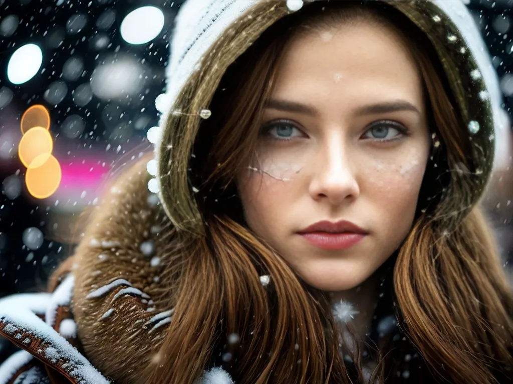 The picture shows a young woman, probably in her early 20s, with long, light brown hair and light blue eyes. She is wearing a brown fur coat with a hood trimmed with white fur. The hood is pulled back, and her hair is blowing in the wind. She is looking at the camera with a slightly puzzled expression. There is snow on her eyelashes and cheeks. The background is blurred, with a few out-of-focus lights.