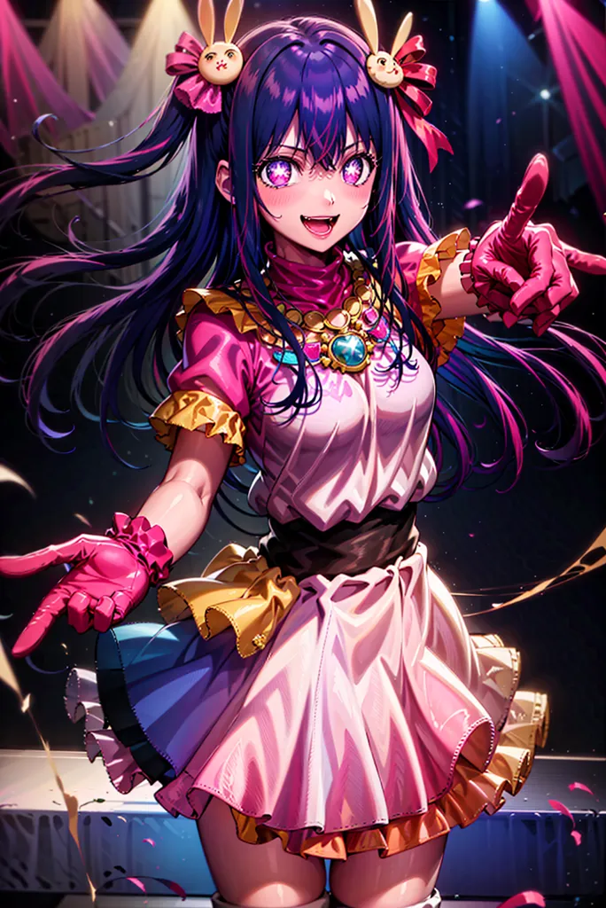 This is an image of a young woman with long purple hair and purple eyes. She is wearing a pink and white dress with a yellow belt and pink gloves. She is also wearing a pair of bunny ears and has a big smile on her face. She is standing on a stage with a spotlight shining on her. There are also colorful lights in the background.