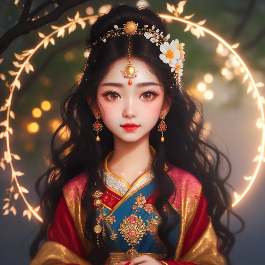 This image shows a young woman with long black hair and brown eyes. She is wearing a red and blue robe with gold trim, and has a gold headpiece with white flowers in her hair. She is also wearing gold earrings and a necklace. The background is blurry and looks like a forest with a glowing, circular portal behind her.