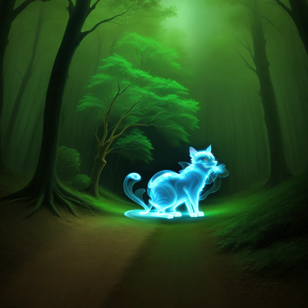 La imagen es una pintura digital de un gato en un bosque. El gato está sentado sobre una roca y brilla con un intenso color azul. El bosque es oscuro y misterioso, y los árboles son altos e imponentes. Los ojos del gato están cerrados y parece estar en un estado de meditación. La pintura es muy pacífica y serena, y tiene una calidad onírica.