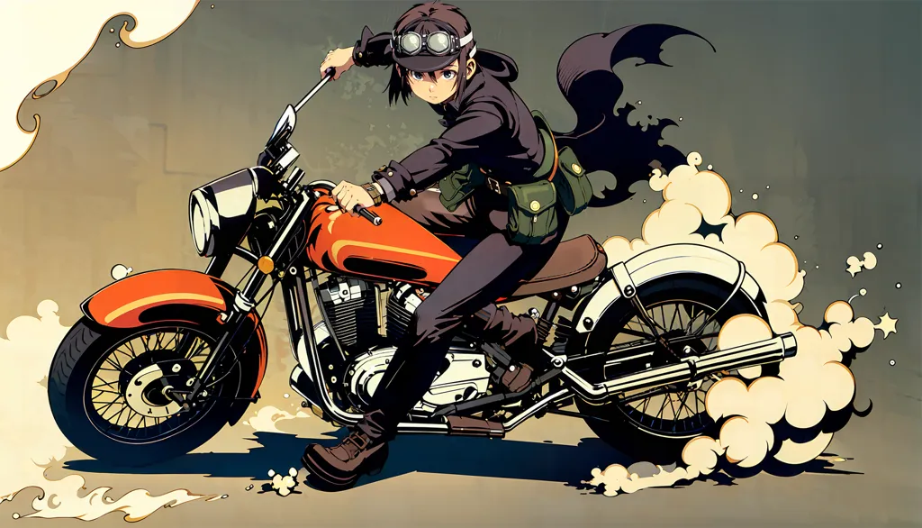The image is of an anime-style girl riding a motorcycle. She is wearing a black jacket, brown pants, and a brown hat. She has brown hair and brown eyes. The motorcycle is red and black. The girl is riding in a hurry, surrounded by smoke. The background is a blur of brown and black.