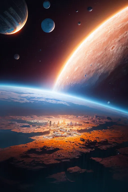 The image shows a view of a planet from space. The planet is red and has a thin atmosphere. There are several moons orbiting the planet. The surface of the planet is covered in craters and canyons. There is a large city visible on the surface of the planet. The city is surrounded by a wall and has several large buildings. There is a large body of water visible on the surface of the planet. The water is blue and appears to be shallow. There are several islands in the body of water. The image is very detailed and realistic.