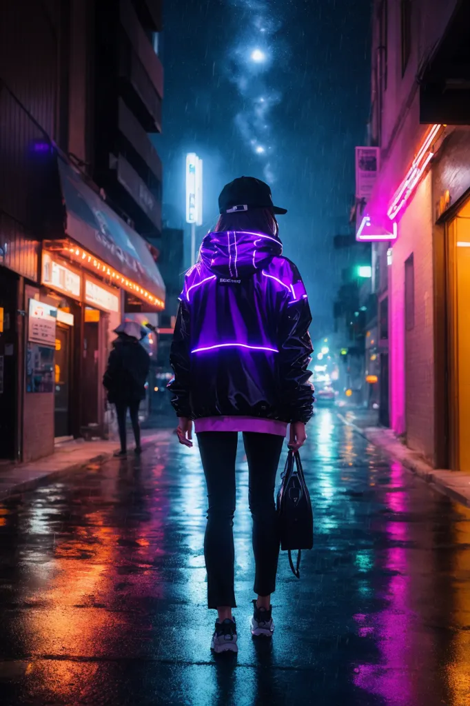 The image is set in a dark and rainy city street at night. The street is lit by the neon lights of the buildings and the reflections of the city lights on the wet pavement. There is a woman  in a black cap and purple jacket with purple glowing lines standing in the middle of the street with her back to the viewer. She is carrying a black handbag with a strap over her right shoulder. The image is full of vibrant colors and the contrast between the dark and light elements of the scene creates a sense of mystery and intrigue.
