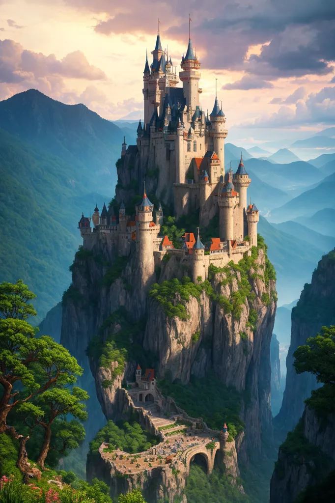 The image is of a castle on a cliff. The castle is made of gray stone and has many towers and turrets. The castle is surrounded by mountains and there are trees and greenery on the cliff. The sky is blue and there are clouds. The image is very detailed and realistic.