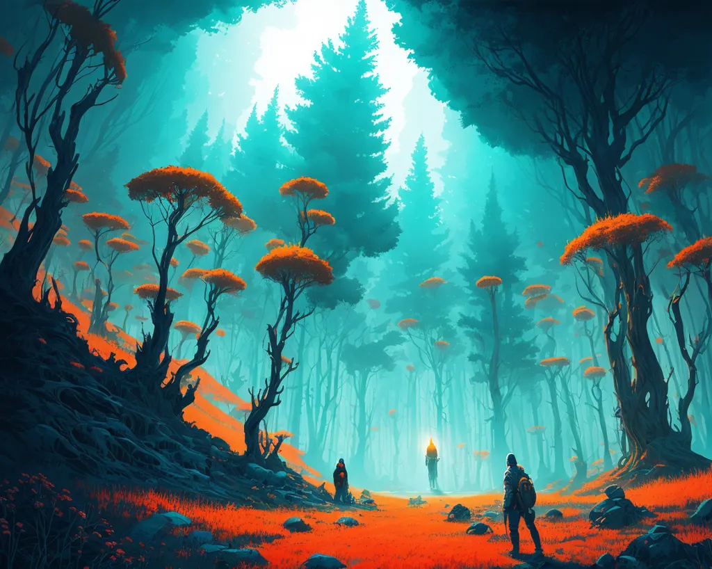 The image is a digital painting of a forest. The forest is made up of tall, blue-green trees with orange leaves. The trees are so tall that they block out the sun, creating a dark and gloomy atmosphere. The ground is covered in a thick layer of red-orange leaves. There is a river running through the forest, and a small waterfall in the background. There are three people in the image. Two of them are standing on the left side of the image, and one is standing on the right side. The person on the right is holding a torch. The people are all wearing cloaks. The image is full of mystery and wonder. It is unclear what the people are doing in the forest, or what they are looking for. The image is also full of danger. The forest is dark and gloomy, and the people are all alone. The image is a reminder that even in the most beautiful places, there can be danger lurking.