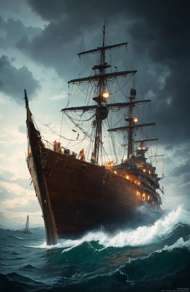 The image is a digital painting of a pirate ship sailing in a stormy sea. The ship is made of wood and has three masts. The sails are tattered and the rigging is loose. There are several people on the deck of the ship, all of whom are wearing pirate clothes. The ship is being chased by two smaller ships, which are also manned by pirates. The sea is rough and the waves are crashing over the deck of the ship. The sky is dark and there are clouds everywhere. The image is full of action and adventure.