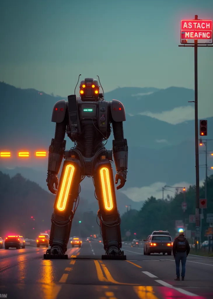 La imagen muestra un robot gigante de pie en medio de una carretera por la noche. El robot está hecho de metal y tiene luces naranjas que brillan desde sus ojos, pecho y piernas. Está de pie en medio de la carretera, con coches detenidos a ambos lados. Un coche de policía está detenido en el lado derecho de la carretera, con un policía de pie junto a él. El robot está mirando al policía. En el fondo, hay una gran montaña cubierta de niebla. El cielo está oscuro y nublado.