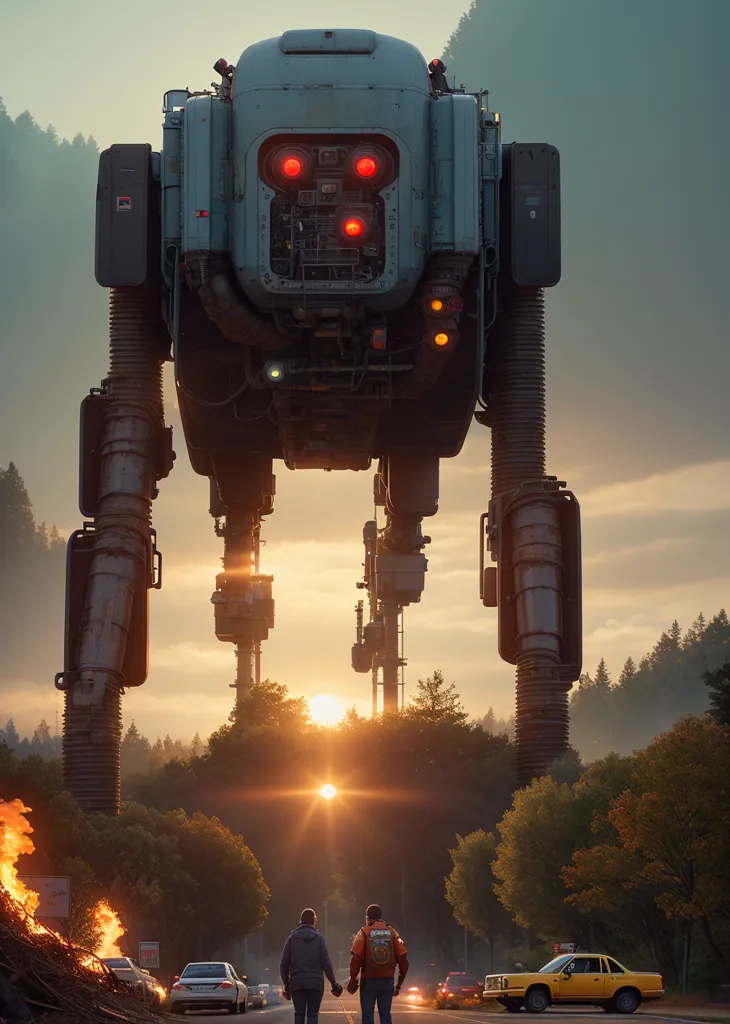 The image shows a giant robot standing in the middle of a road. The robot is made of metal and has red eyes. It is standing on two legs and has two arms. There are cars on the road and trees on either side of the road. There is a sunset in the background. Two people are standing in front of the robot holding hands.