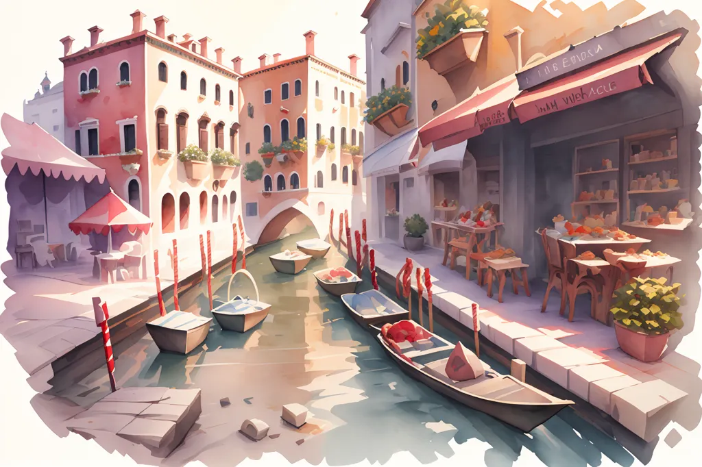 This is a watercolor painting of a scene in Venice. The image shows a canal with several gondolas moored to the banks. There are buildings on both sides of the canal with shops and restaurants on the ground floors. The buildings are painted in a variety of colors. The sky is light blue and there are a few clouds in the distance. The painting has a warm and inviting atmosphere.