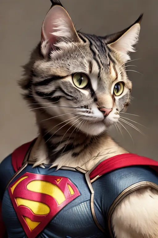 This is an image of a cat wearing a Superman costume. The cat has a grey and white fur, and is looking to the right of the frame. It is wearing a blue and red suit with a yellow \