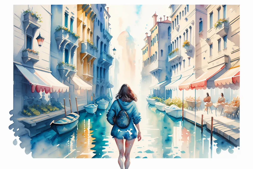 This is a watercolor painting of a woman walking down a narrow canal in Venice. The woman is wearing a blue shirt and shorts and has a backpack on. She is walking away from the viewer, and her head is turned slightly to the left. The canal is lined with buildings, and there are a few boats moored along the banks. The water in the canal is a deep blue color, and it reflects the light from the sky. The painting has a warm and inviting atmosphere, and it captures the beauty of Venice.