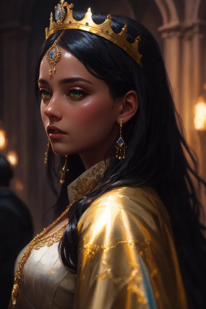 The image shows a young woman with long black hair and green eyes. She is wearing a golden crown and a white and gold dress with a golden cape. She is standing in a dark room with a stone wall in the background. There are some candles on the wall.