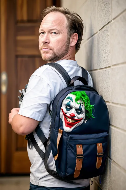 Um homem está de pé com as costas para a câmera. Ele está usando uma camiseta azul e uma mochila azul-marinho com o rosto do Coringa. Ele tem uma expressão séria no rosto.