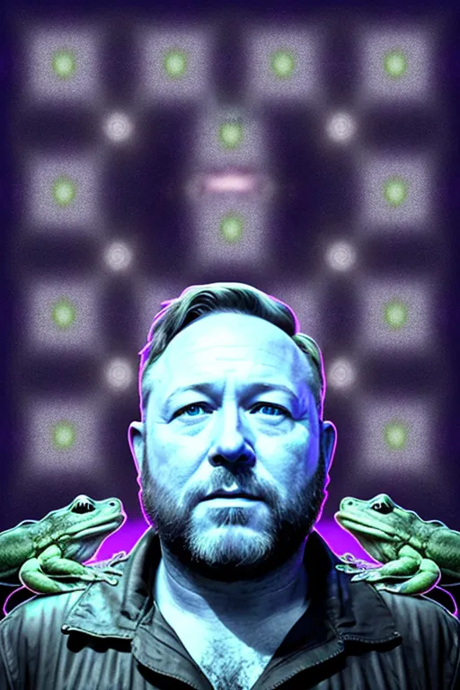 The image is a portrait of a man with two frogs on his shoulders. The man has short brown hair and a beard. He is wearing a black shirt and a black jacket. The background is a purple and green grid. The man's eyes are blue and he is looking at the camera. The frogs are green and have their front legs on the man's shoulders.