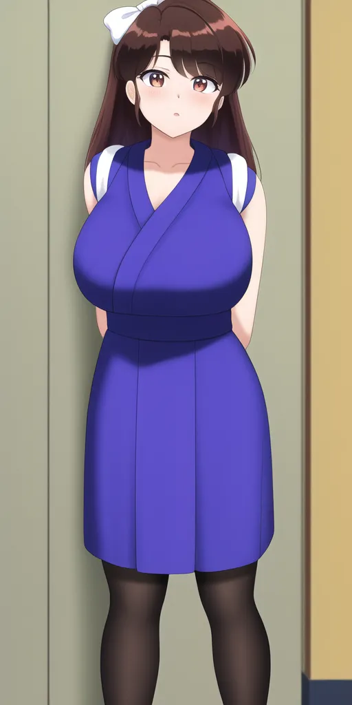 The image shows a young woman with long brown hair and brown eyes. She is wearing a blue kimono-style dress with a white obi and a large white bow in her hair. She is standing in a doorway, and she has a slightly surprised expression on her face.