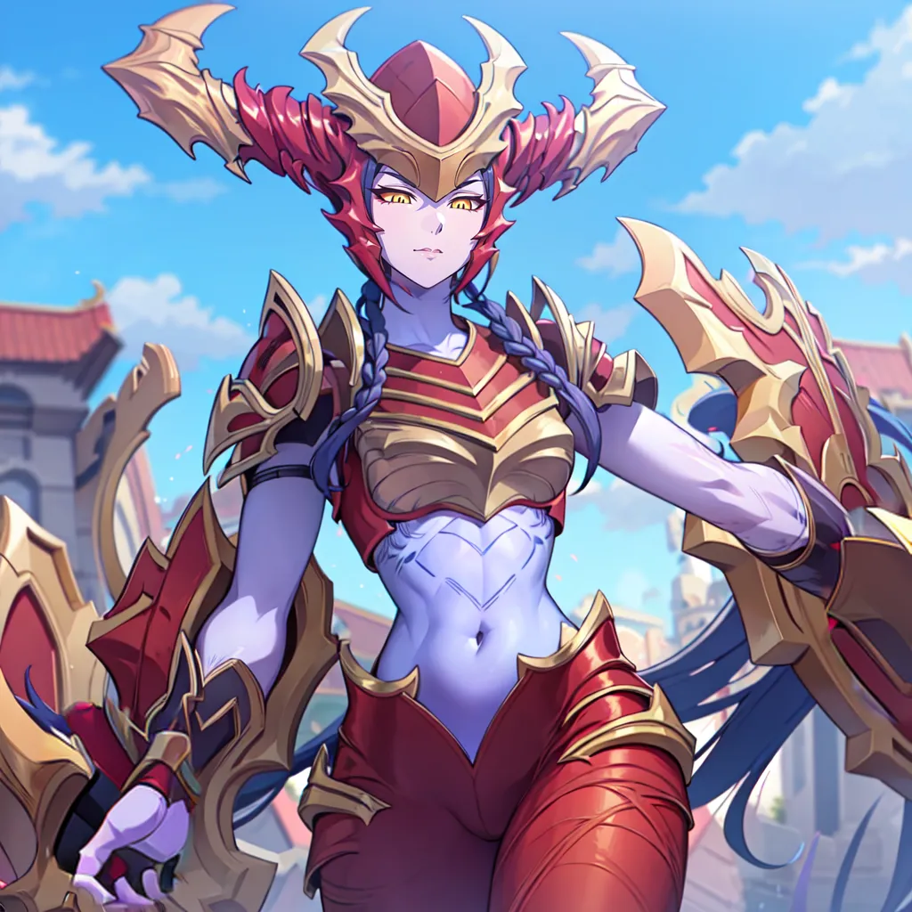 This is an image of a female warrior. She has red and orange hair and eyes, and she is wearing a red and gold armor. She is also carrying a large sword. She is standing in a city, and there are buildings and trees in the background.