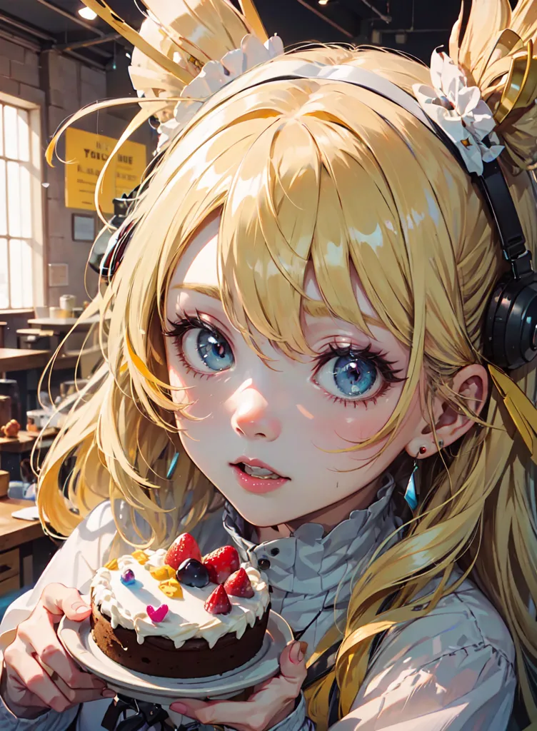 The image is a painting of a young woman with long blonde hair and blue eyes. She is wearing a white dress with a black collar and a pair of headphones. She is holding a plate with a cake on it. The background is a blur of light and dark colors.