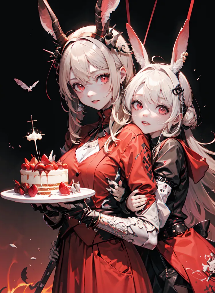 Cette image représente deux jeunes filles d'anime avec des oreilles de lapin. Elles portent toutes les deux des robes rouges et ont l'air heureuses. La fille de gauche tient un gâteau avec des fraises dessus. La fille de droite a son bras autour de l'épaule de la fille de gauche. Il y a des chauves-souris qui volent autour d'elles.