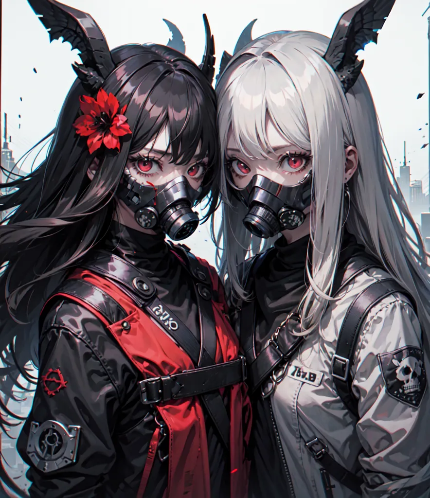 The image depicts two anime-style girls with gas masks on. The girl on the left has black hair and red eyes, and is wearing a black and red outfit. She has a flower in her hair and is looking at the viewer with a serious expression. The girl on the right has white hair and red eyes, and is wearing a white and black outfit. She has a skull on her chest and is looking at the viewer with a determined expression. Both girls are wearing headphones. The background is a cityscape in ruins.