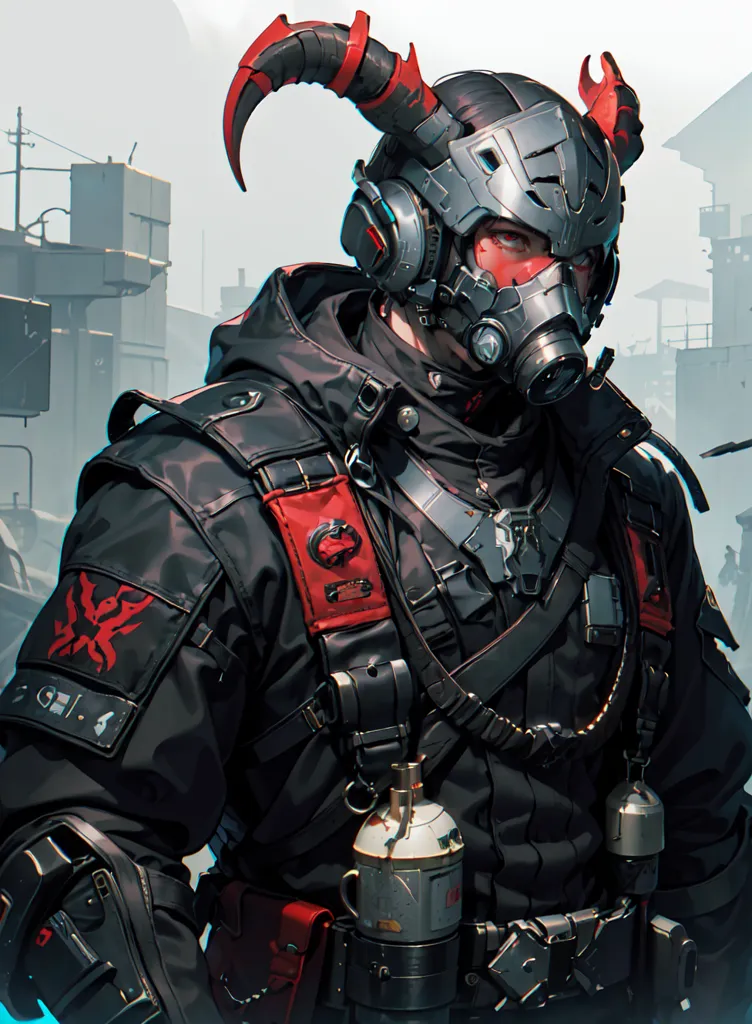 The image shows a person wearing a futuristic combat suit. The suit is black with red details. The person is wearing a helmet with a visor and a gas mask. There are two horns sticking out of the helmet. The person is also wearing a backpack and a utility belt. They are carrying a weapon of some sort on their back. The background is a city in ruins. There are large buildings and structures in the background. The sky is dark and there are clouds in the sky.