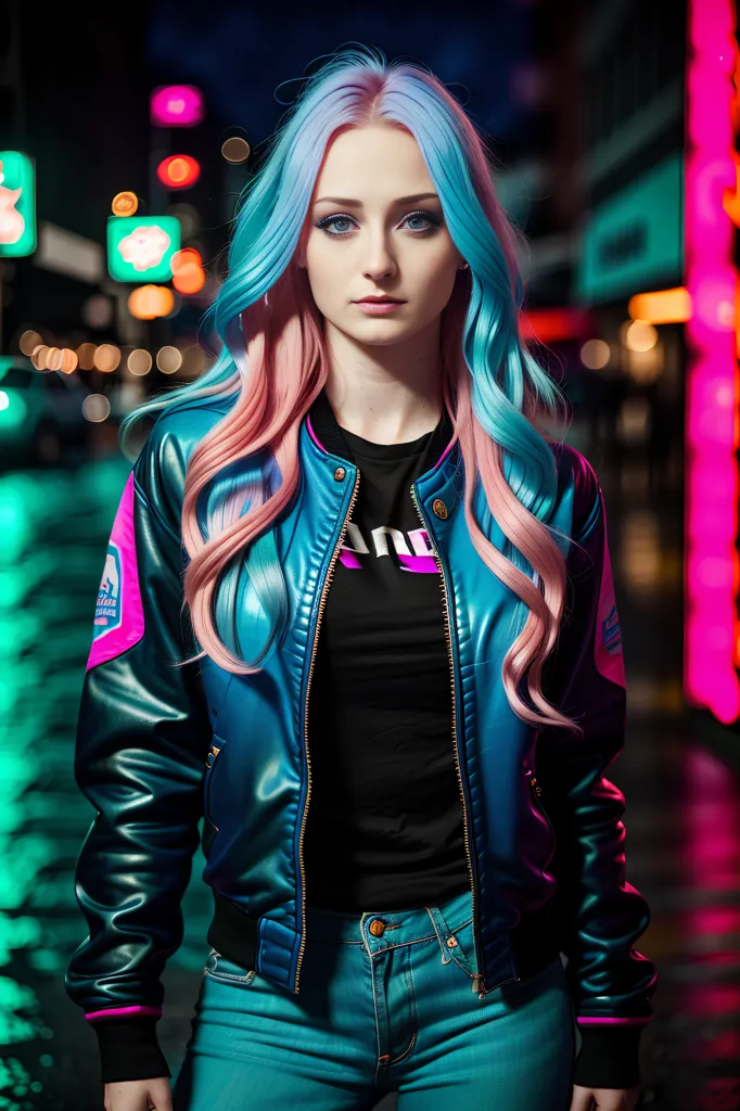 A imagem mostra uma mulher jovem, provavelmente com cerca de 20 anos, com um estilo urbano e futurista. Ela está usando uma camiseta preta, jeans azuis e uma jaqueta de couro azul e rosa. A mulher tem cabelos azuis e rosas, olhos azuis e maquiagem leve. Ela está em um lugar escuro, com luzes coloridas ao fundo. A mulher olha para a câmera com uma expressão séria.