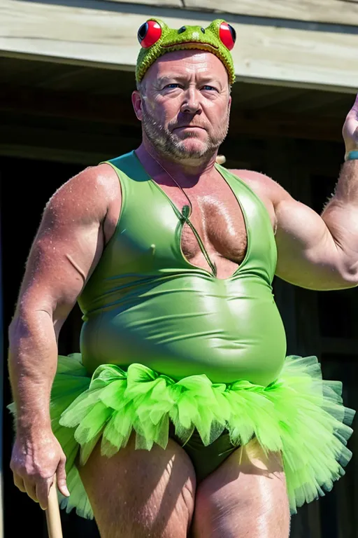 A imagem mostra um homem vestindo um collant verde e um tutu. Ele também está usando um chapéu de sapo com olhos vermelhos. Ele tem uma expressão séria no rosto. Ele parece estar em uma floresta.